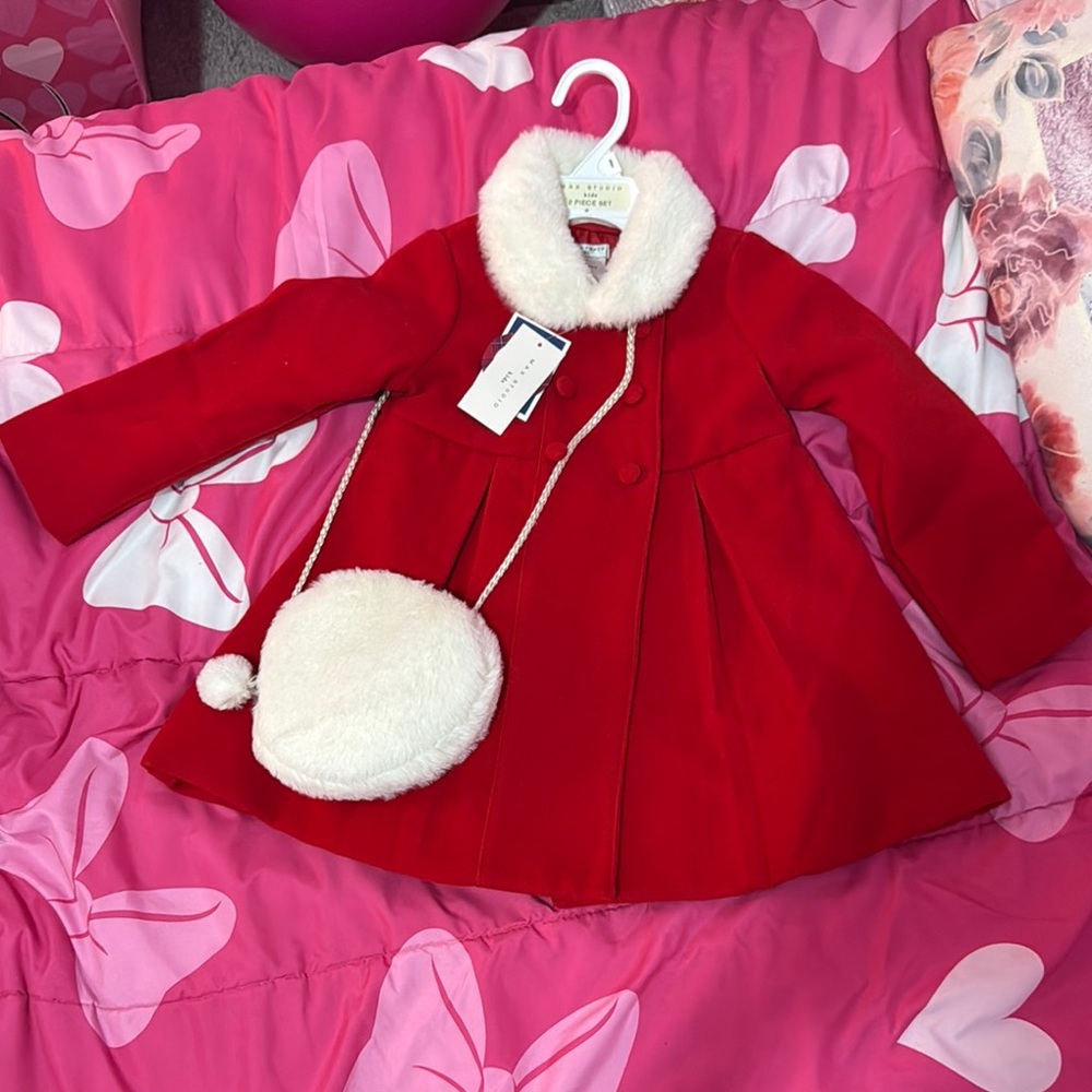 Red Coat with White Faux Fur Collar and Purse